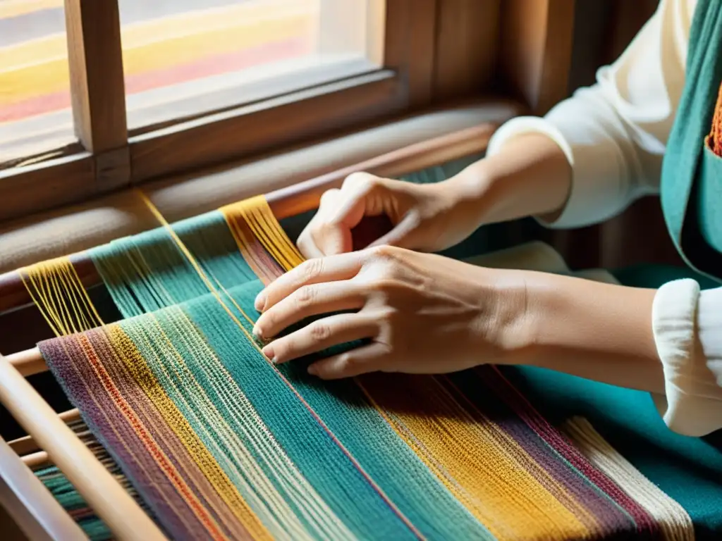 Un artesano teje con cuidado hilos coloridos, bañado por la suave luz del sol