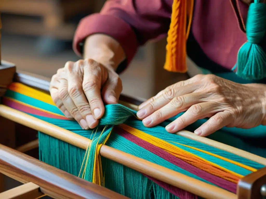 Un artesano tejiendo con cuidado hilos coloridos en un telar de madera vintage