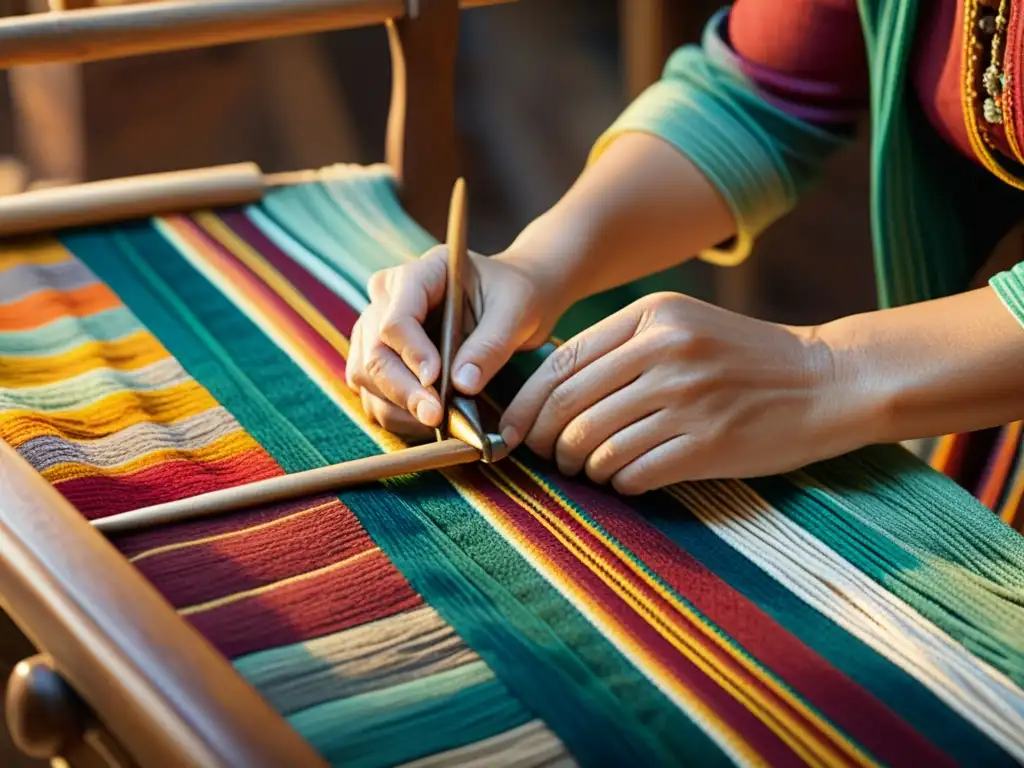 Un artesano teje con cuidado hilos coloridos en un patrón tradicional, rodeado de herramientas de madera vintage