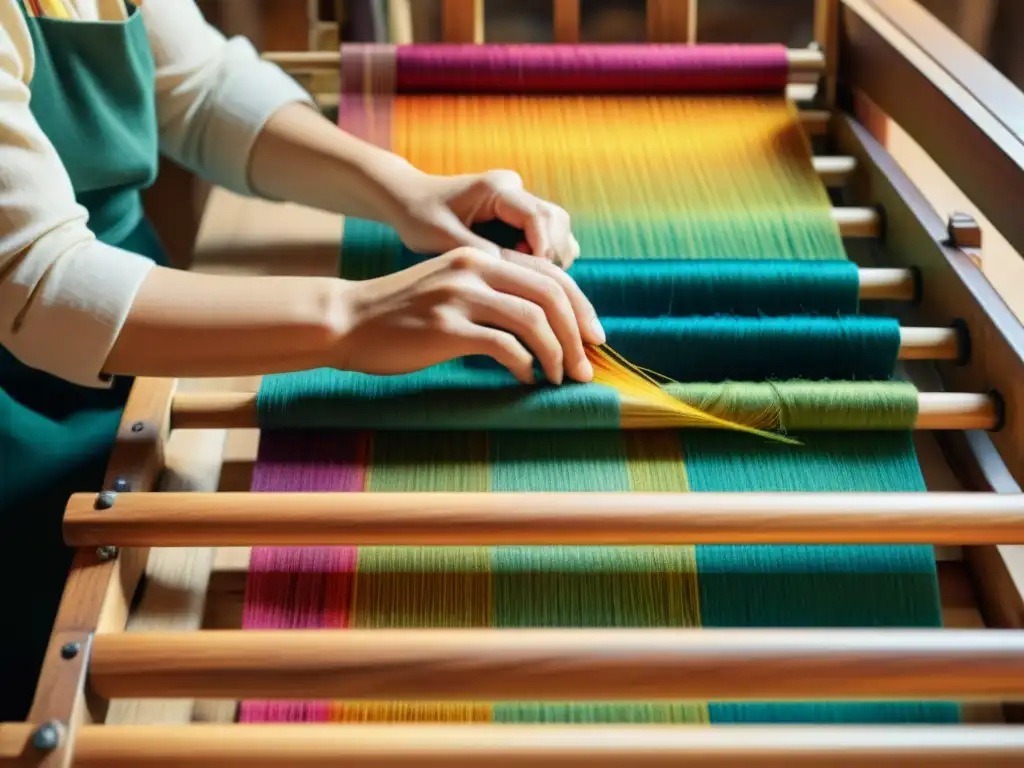 Un artesano teje con cuidado hilos coloridos en un telar de madera, creando patrones tradicionales