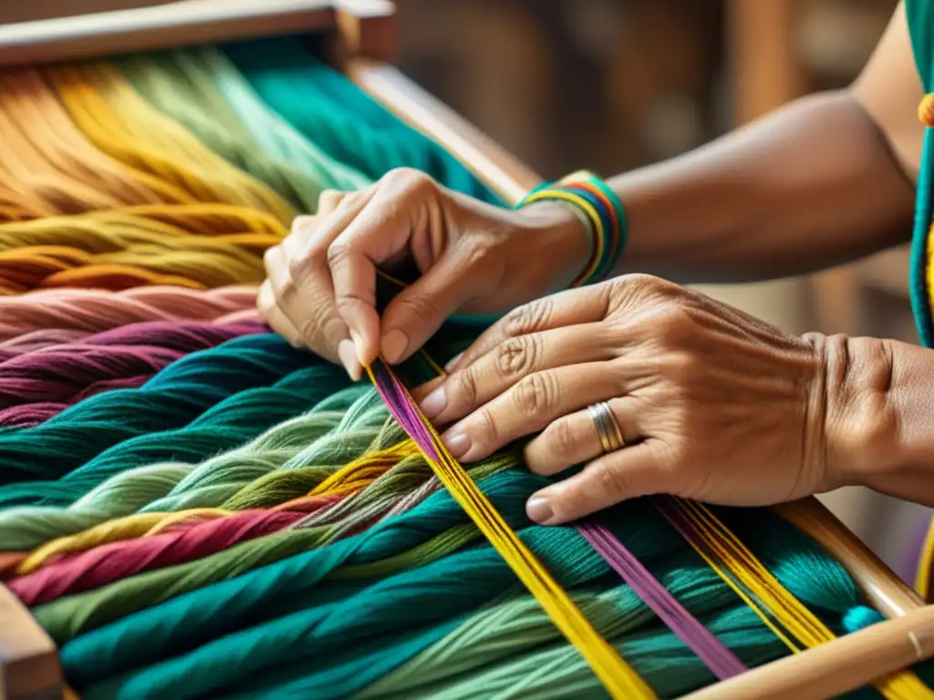 Un artesano teje con cuidado hilos coloridos en una hermosa tapicería