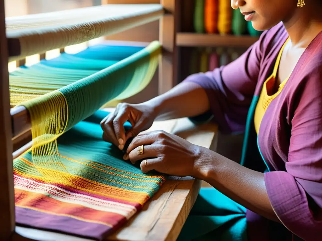 Un artesano hábil teje con cuidado hilos coloridos en una tela tradicional