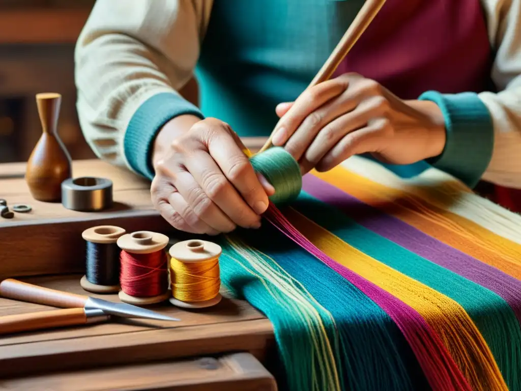 Un artesano teje con cuidado hilos coloridos en un patrón tradicional, rodeado de herramientas de madera y madejas de lana vibrante