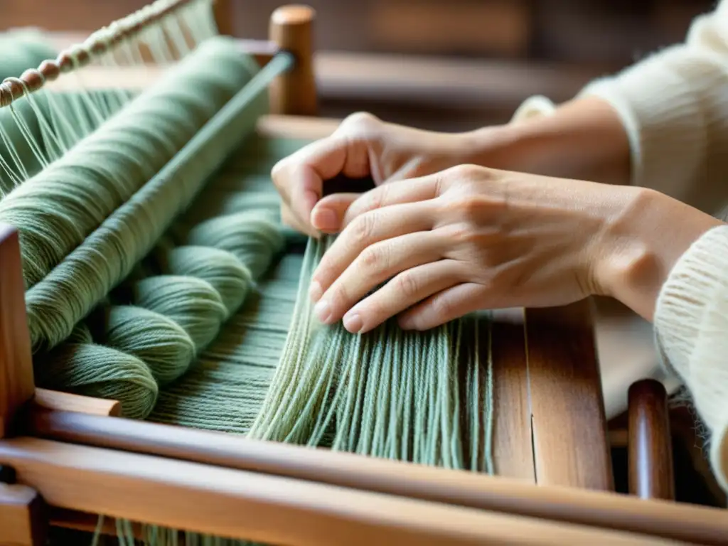 Artesano tejiendo con cuidado hilos de materiales ecológicos en telar de madera vintage, evocando creatividad y artesanía sostenible