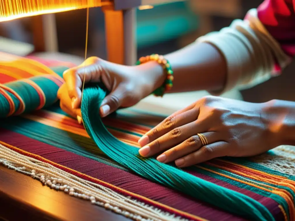 Un artesano teje con cuidado hilos vibrantes en un textil, fusionando tradición con la era digital