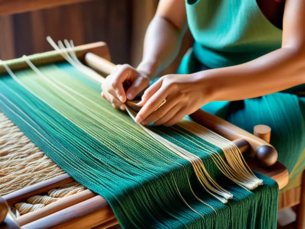 Un artesano hábil teje con cuidado hilos vibrantes en un patrón textil tradicional, rodeado de herramientas de madera rústica y fibras naturales