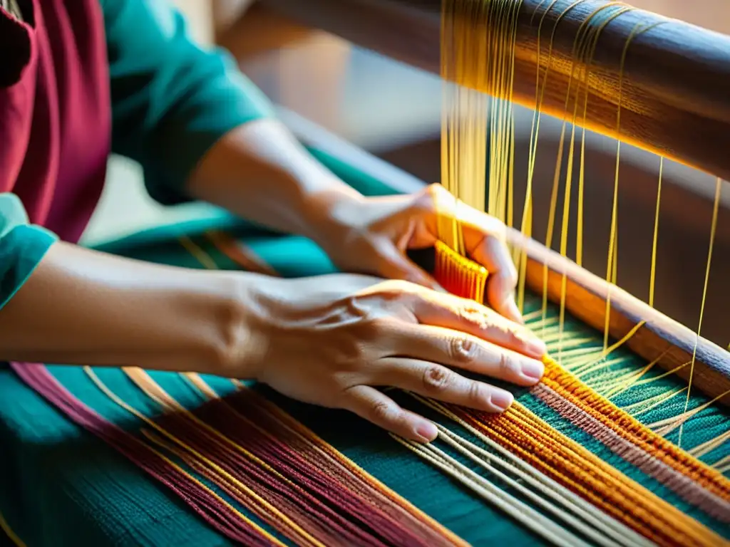 Un artesano teje con cuidado hilos vibrantes en un patrón tradicional