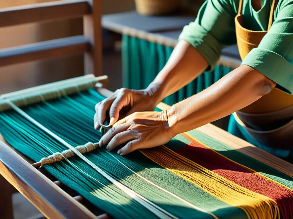 Un artesano teje con cuidado hilos vibrantes en un taller rústico, evocando la huella ecológica y la artesanía de las creaciones