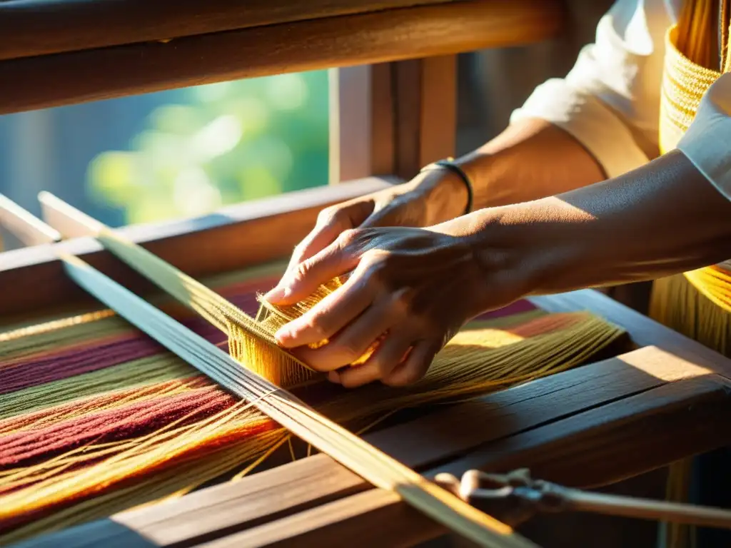 Un artesano teje con cuidado hilos vibrantes en telar de madera, creando una artesanía tradicional en la era digital