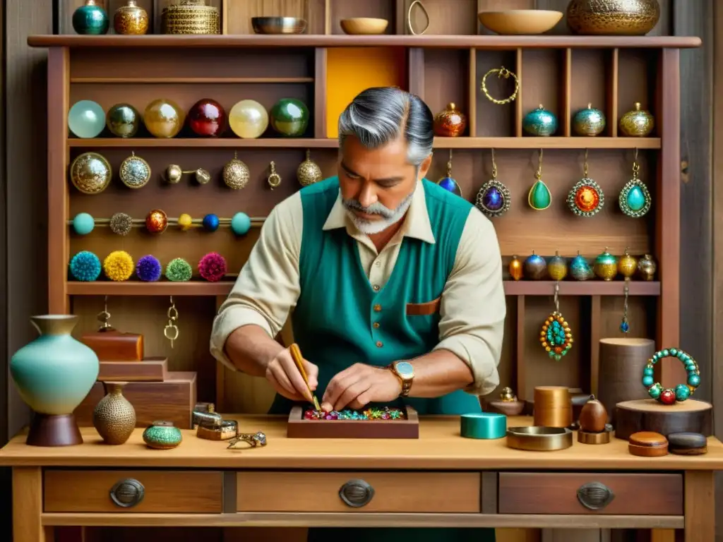 Un artesano dispone con cuidado joyas artesanales en un elegante exhibidor de madera