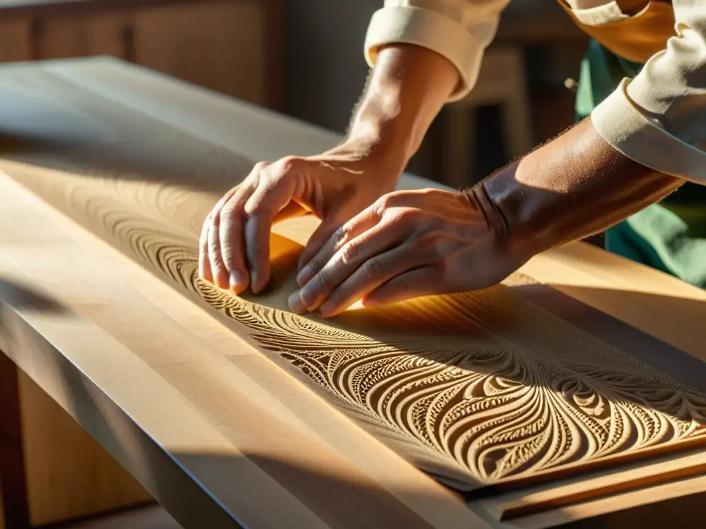 Un artesano moldea con cuidado una lámina de madera transparente flexible, creando una forma curva, con cálida luz natural que crea patrones y sombras