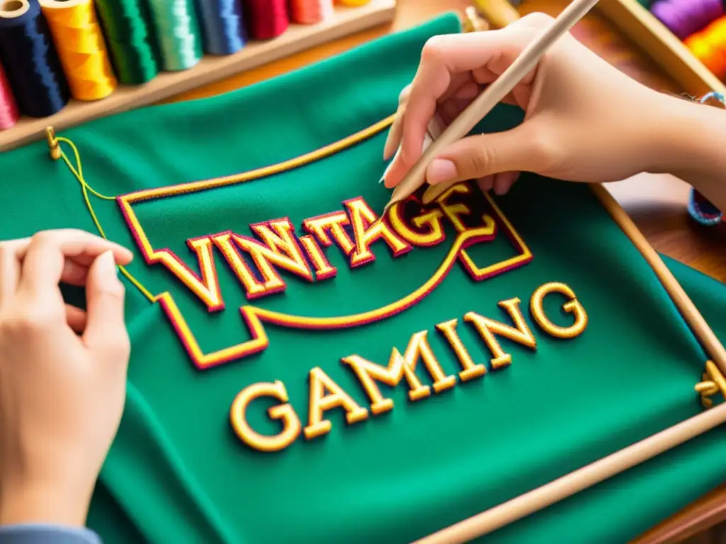Bordado artesanal de logo de videojuego vintage en alta resolución Un artesano borda con cuidado el logo vintage de un juego en tela, rodeado de herramientas de costura y mercancía artesanal para gamers