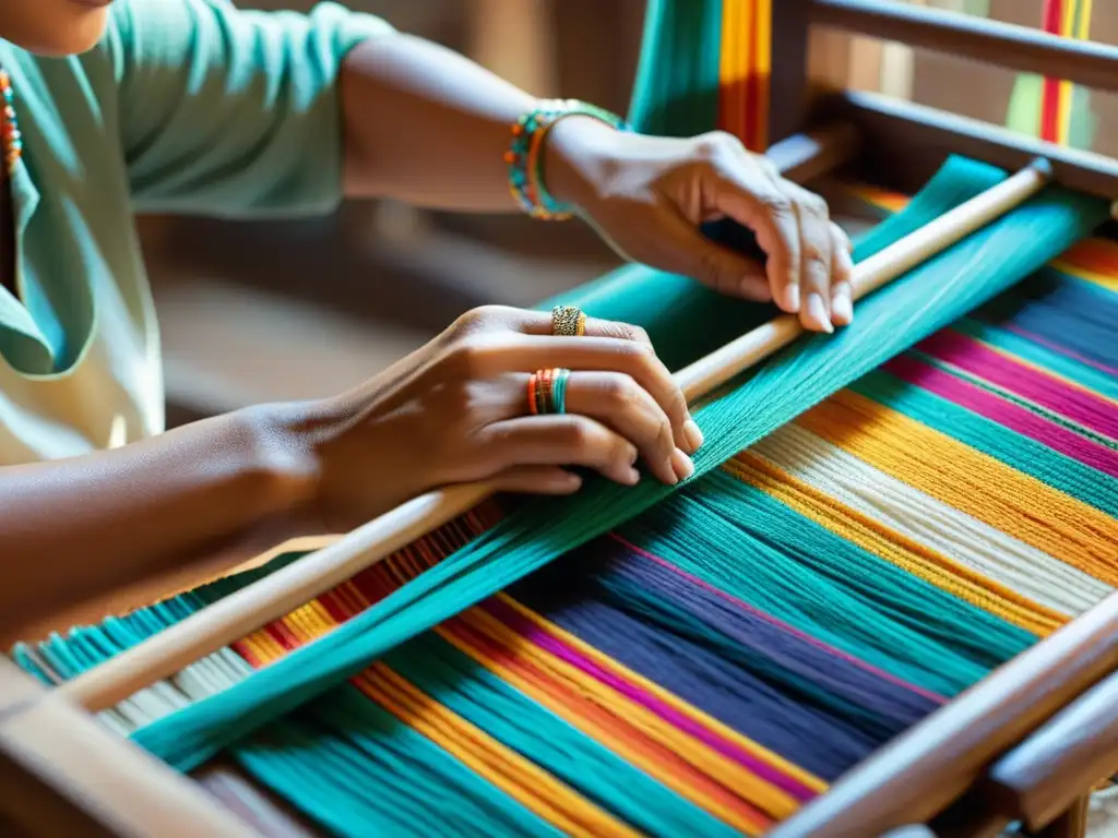 Un artesano teje con cuidado patrones coloridos en un telar de madera, valorizando artesanía tradicional mercado digital