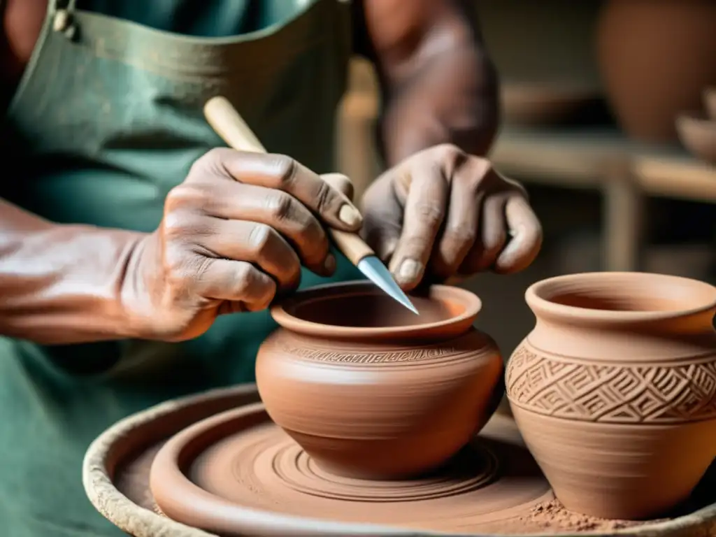 Un artesano modela con cuidado una pieza de cerámica tradicional, destacando la artesanía y la importancia cultural