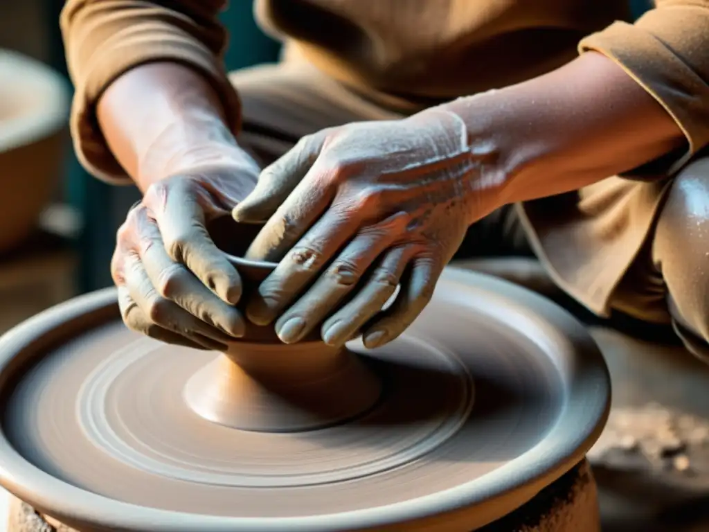 Un artesano moldea con cuidado una pieza de cerámica en su torno, evocando la tradición y la artesanía personalizada con IA