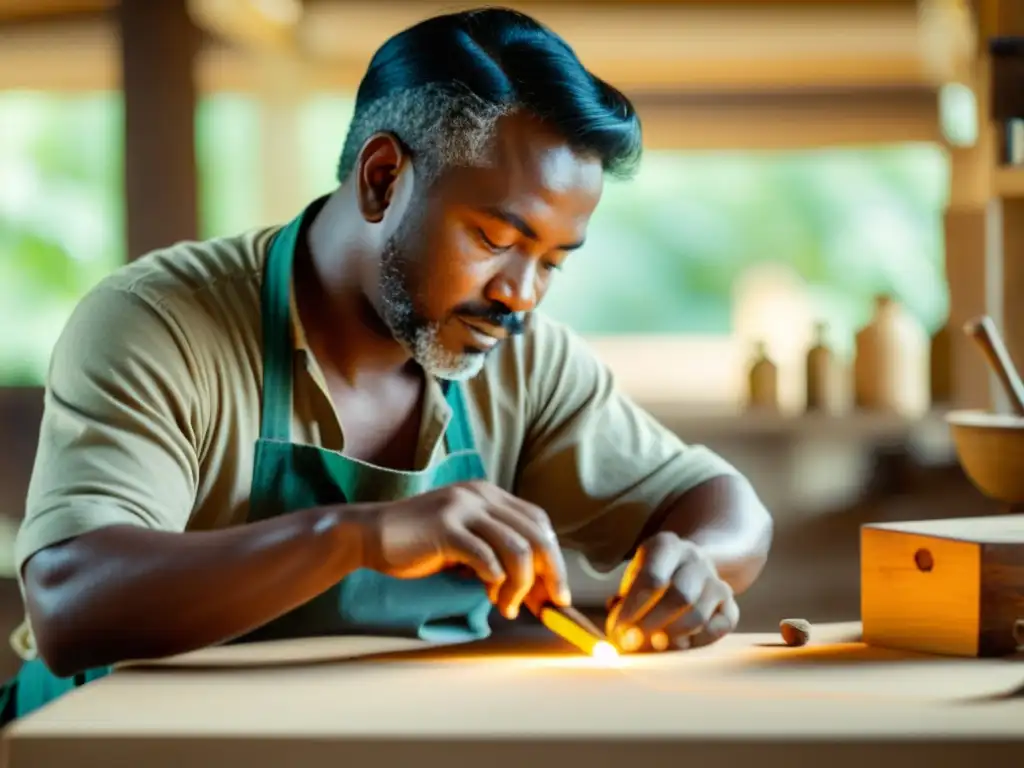 Artesano crea producto único con materiales naturales Un artesano crea con cuidado un producto único en un taller iluminado por el sol, mostrando responsabilidad ecológica en comercio electrónico