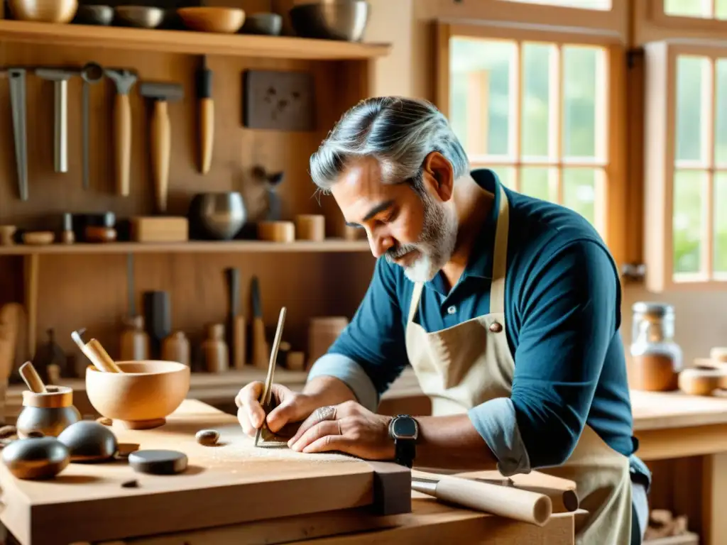 Un artesano crea con cuidado productos artesanales rodeado de herramientas y materias primas