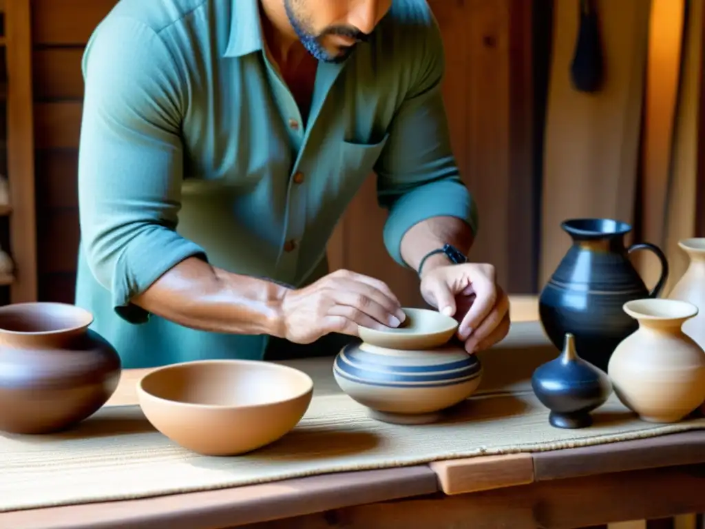 Un artesano dispone con cuidado productos artesanales en una mesa rústica de madera