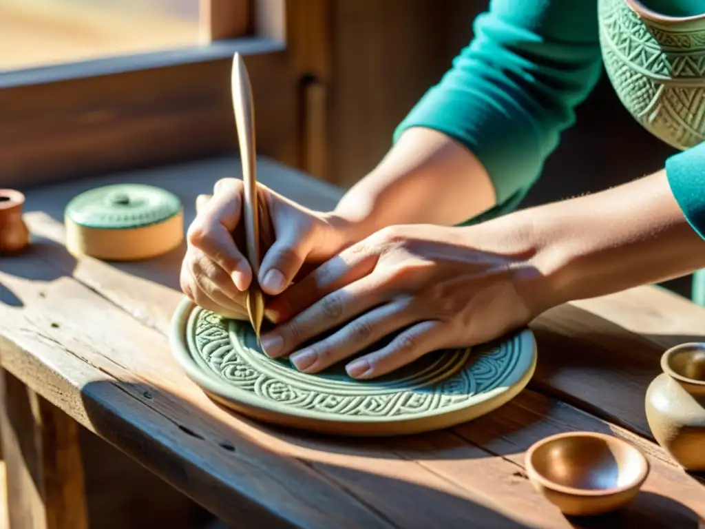 Un artesano dispone con cuidado productos artesanales en una mesa rústica