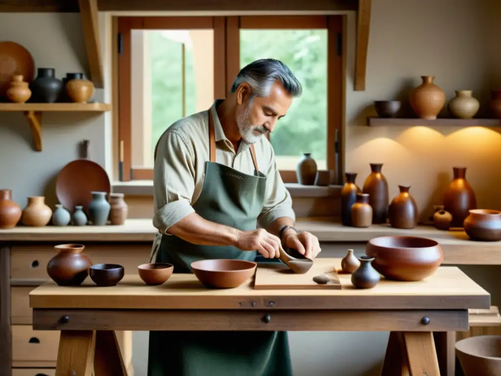 Un artesano dispone con cuidado productos artesanales en un banco de trabajo de madera