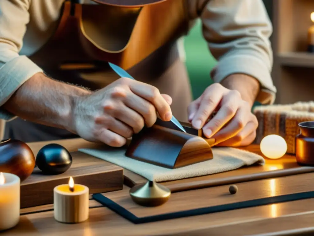 Un artesano dispone con cuidado productos hechos a mano en una mesa de madera, con iluminación suave que realza la escena