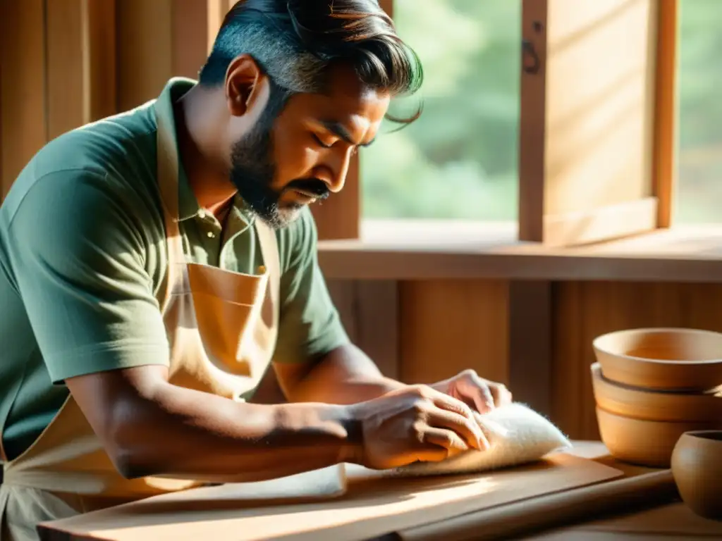 Un artesano crea con cuidado productos sostenibles, rodeado de materiales naturales