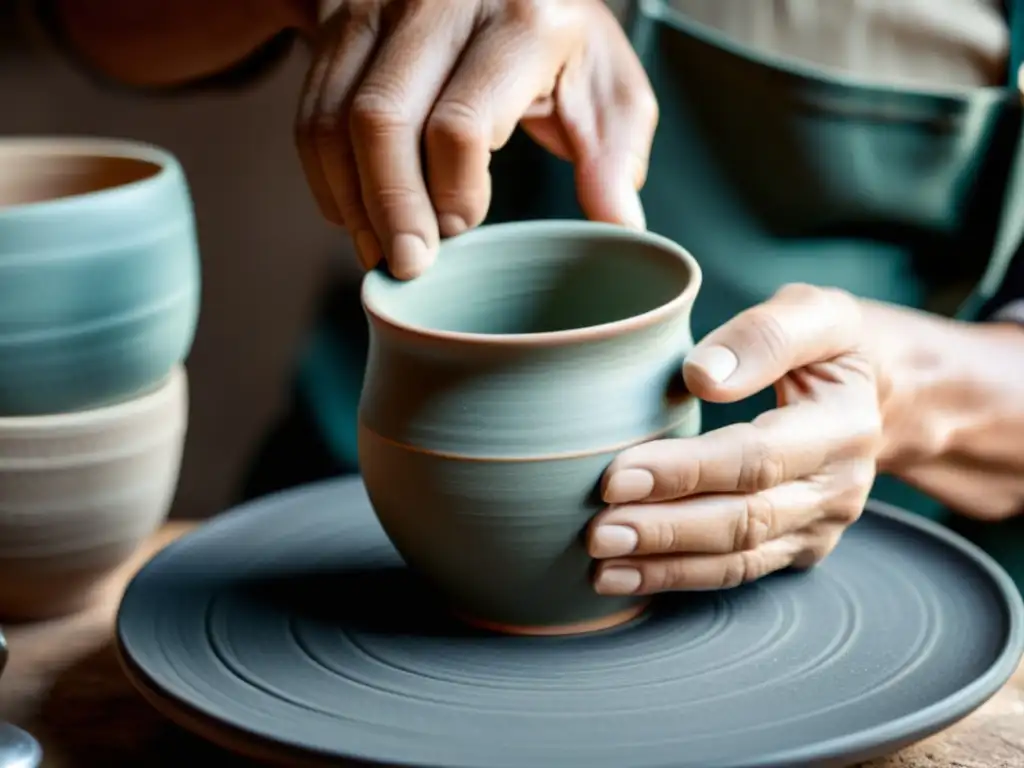 Un artesano moldea con cuidado una taza de cerámica, resaltando la autenticidad de las imperfecciones artesanales