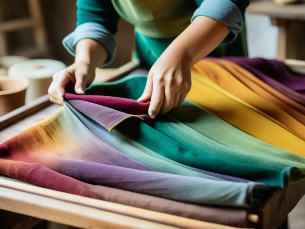 Un artesano tiñe con cuidado una tela con colorantes naturales, resaltando la belleza de la artesanía digital y los colorantes naturales