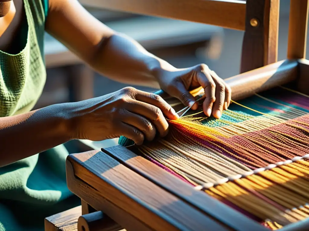 Un artesano teje con cuidado un textil sostenible en un telar de madera, transmitiendo la esencia de la tradición y la artesanía sostenible