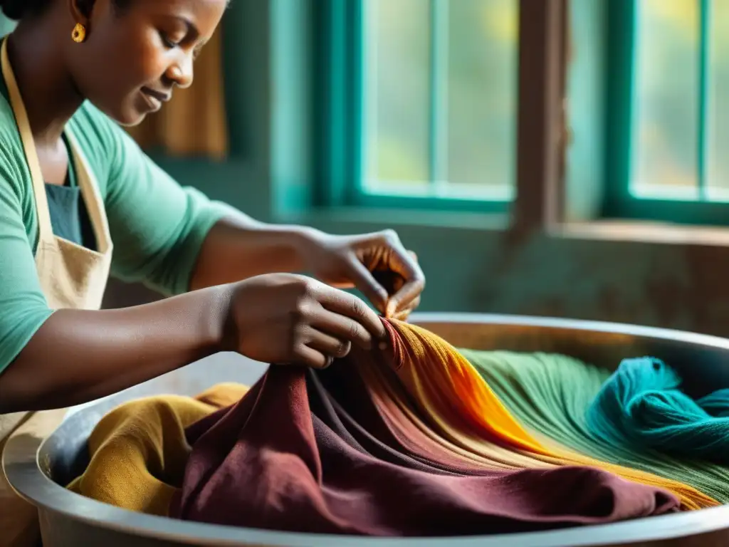 Un artesano sumerge con cuidado tela en tintes naturales, con colores vibrantes en el líquido y manos con textura