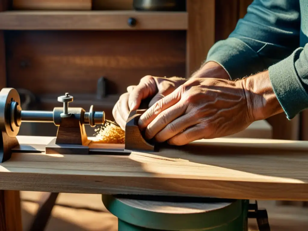 Arte atemporal: manos hábiles trabajando la madera en un torno vintage Un artesano guía con cuidado un trozo de madera en un torno antiguo, rodeado de virutas, capturando la sinergia ecológica en manufactura digital