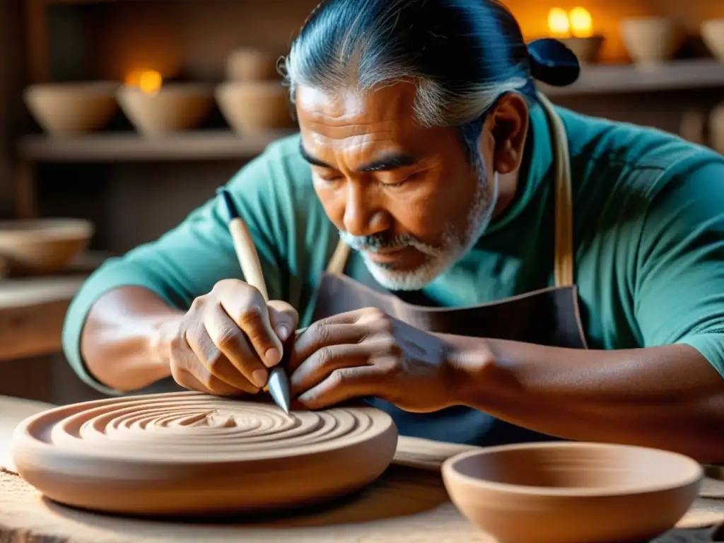 Un artesano tallando decoraciones en cerámica, capturando la artesanía tradicional en la era digital con maestría y nostalgia