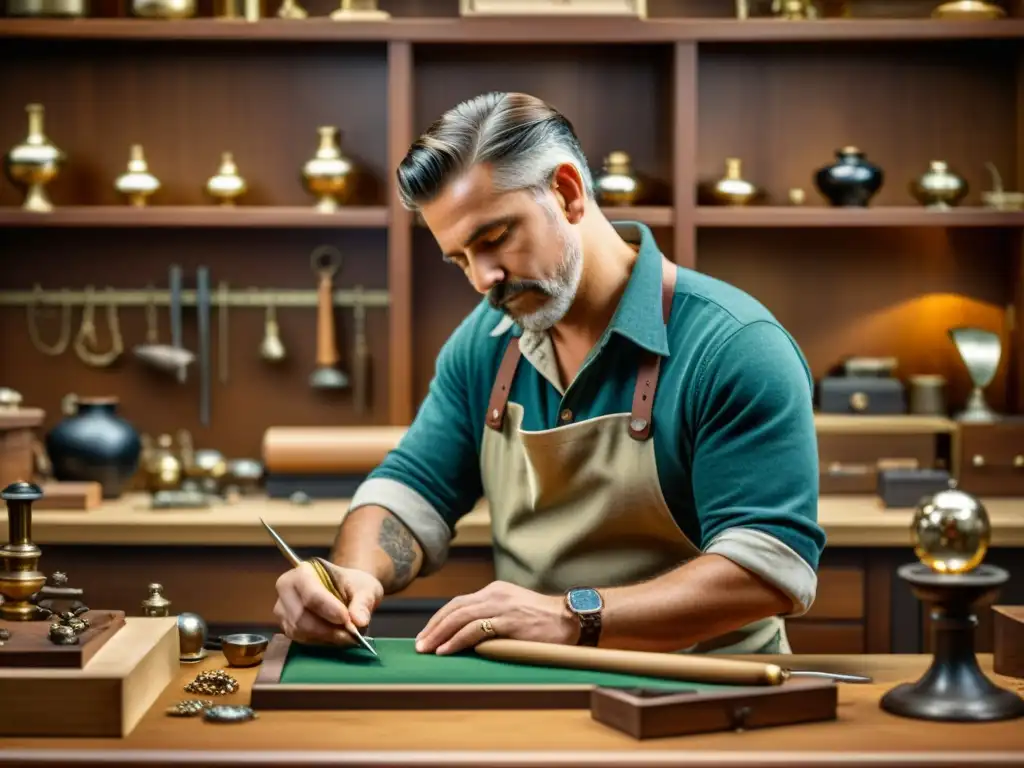 Un artesano trabaja con dedicación en su banco de joyero, rodeado de herramientas tradicionales y materiales