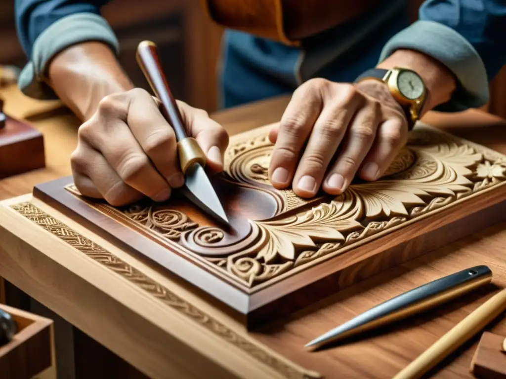 Un artesano tallando con dedicación una hermosa pieza de madera, rodeado de herramientas vintage