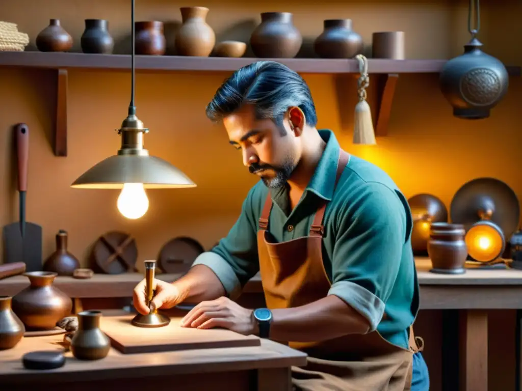 Un artesano trabaja con dedicación en un taller acogedor, rodeado de herramientas y productos artesanales