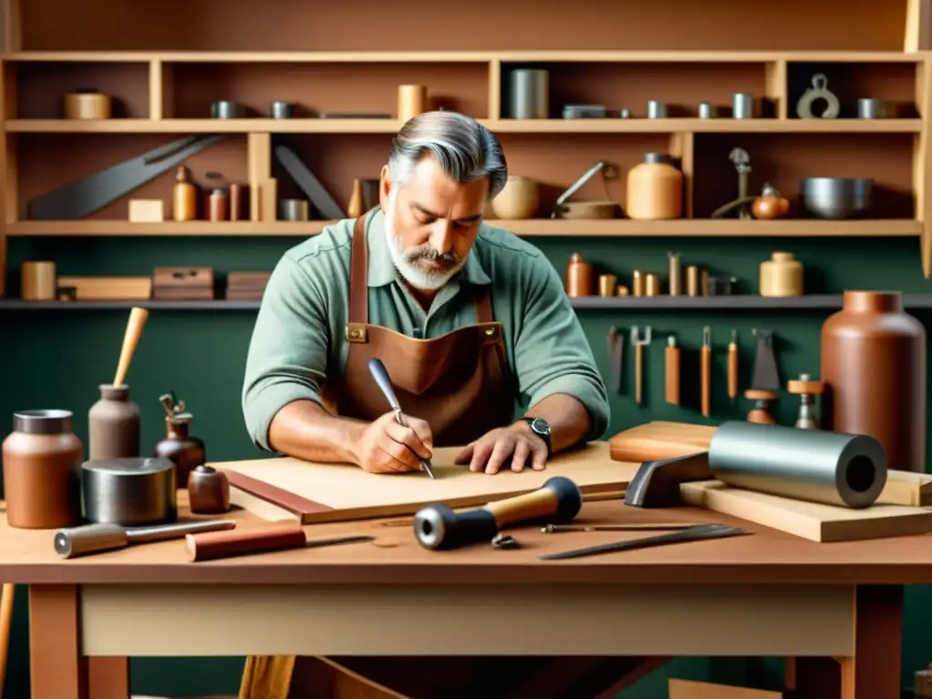 Un artesano trabaja con dedicación en su taller, rodeado de herramientas y materiales