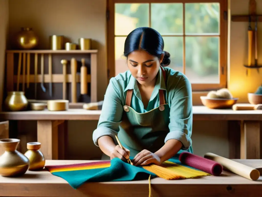 Un artesano teje con dedicación en su taller, rodeado de herramientas tradicionales y materiales