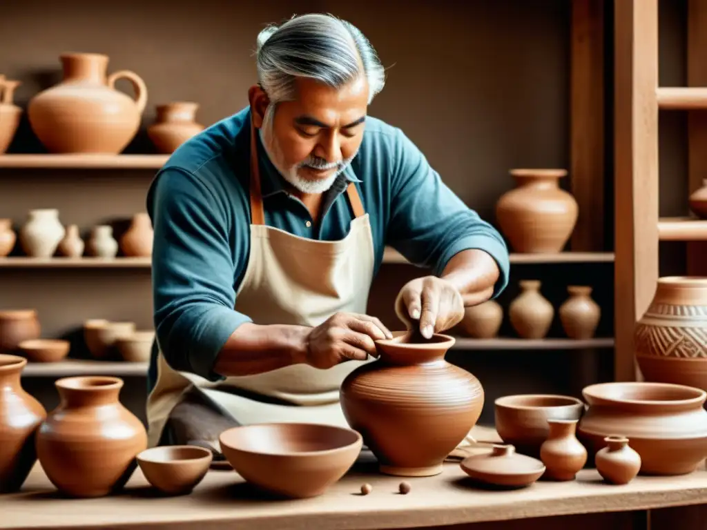 Un artesano dedicado moldea con destreza una hermosa cerámica, envuelto en un ambiente de tradición y artesanía