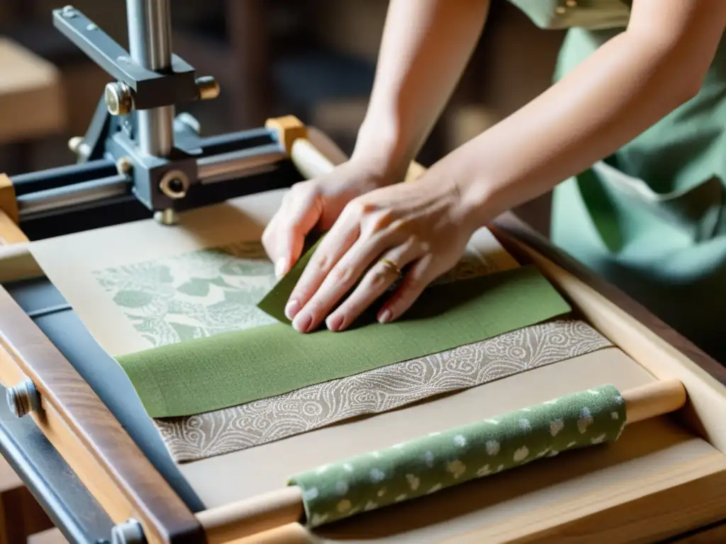 Artesano creando impresiones únicas con papel y tela reciclados Un artesano en delantal vintage coloca con cuidado retazos de papel y tela reciclados en una prensa de madera