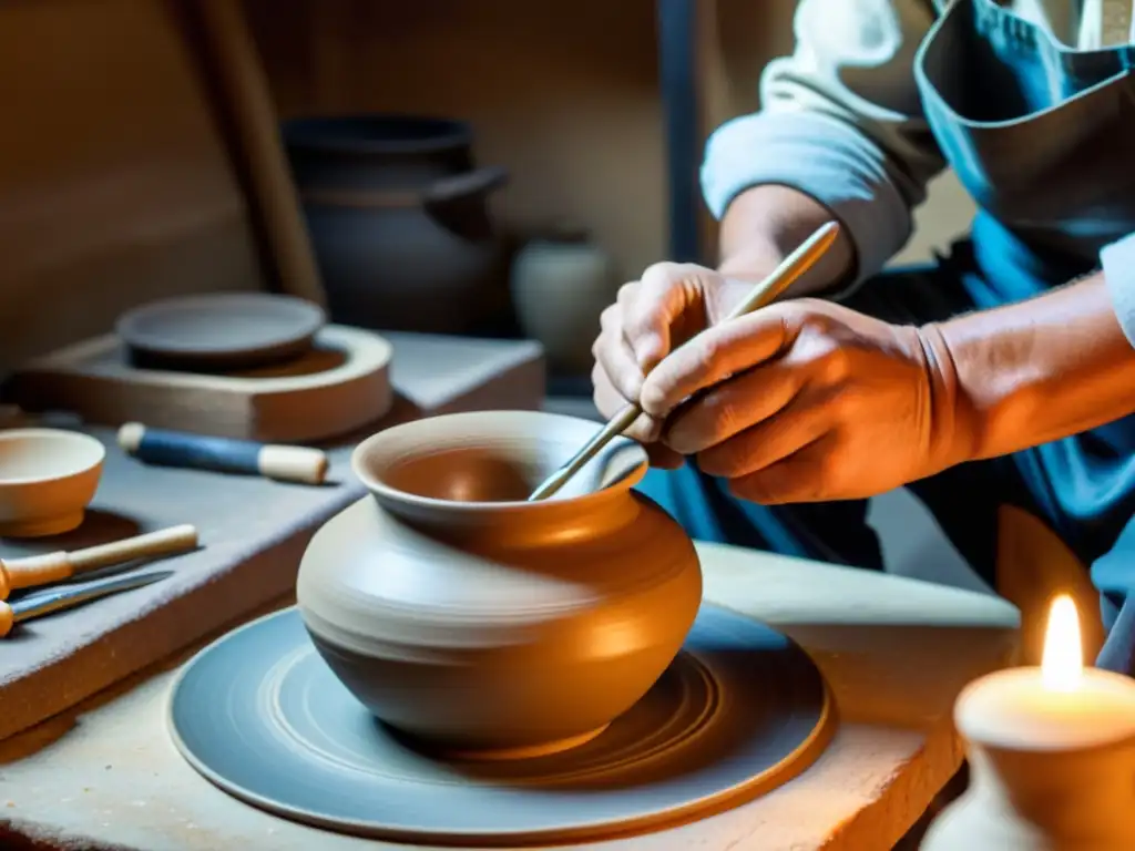 Un artesano crea una delicada pieza de cerámica a mano en su taller tradicional, evocando la artesanía tradicional vs impresión 3D