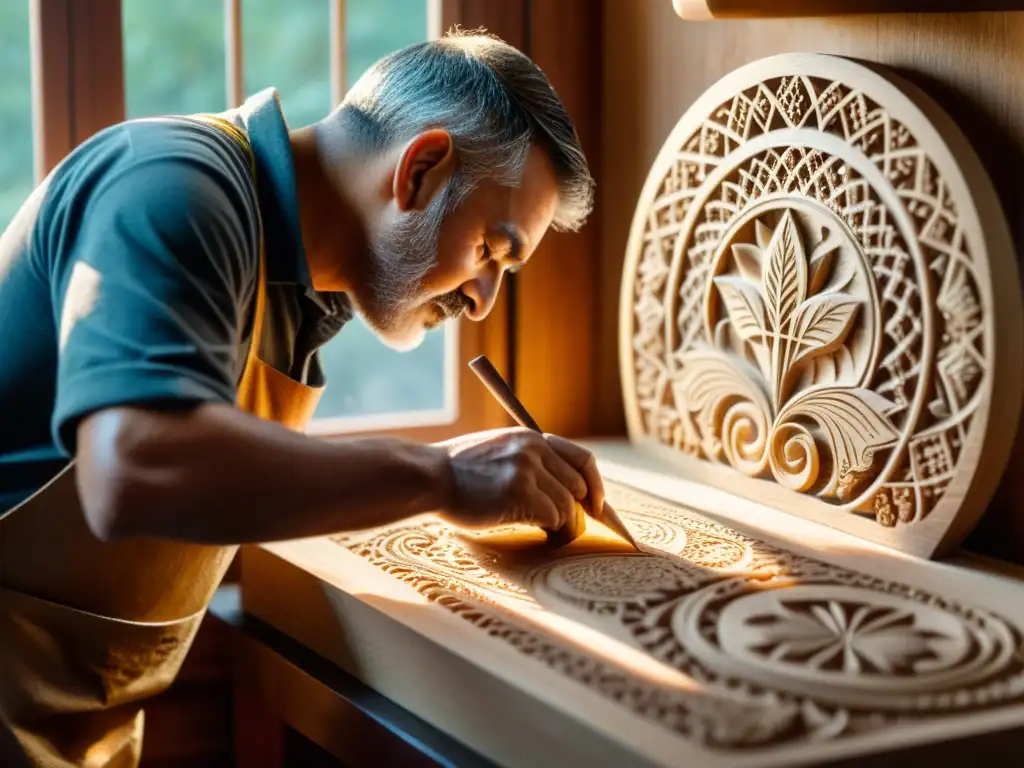 Un artesano hábil talla con delicadeza un diseño detallado en madera con herramientas tradicionales, iluminado por luz natural, capturando la atemporal artesanía