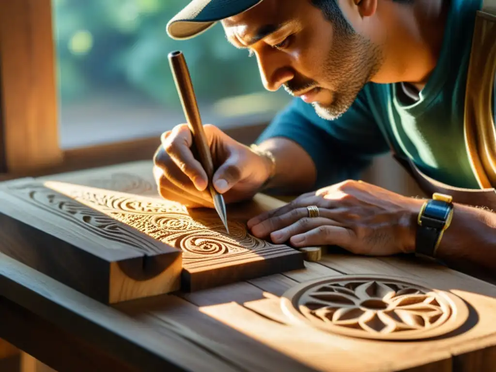 Un artesano tallando con delicadeza diseños en madera, con luz cálida y ambiente tradicional