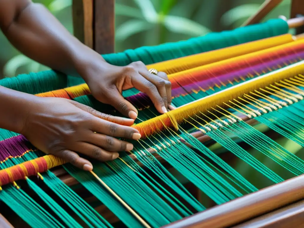 Un artesano hábil teje con delicadeza hilos vibrantes en un telar, creando una rica tapicería que representa un ecosistema exuberante y diverso