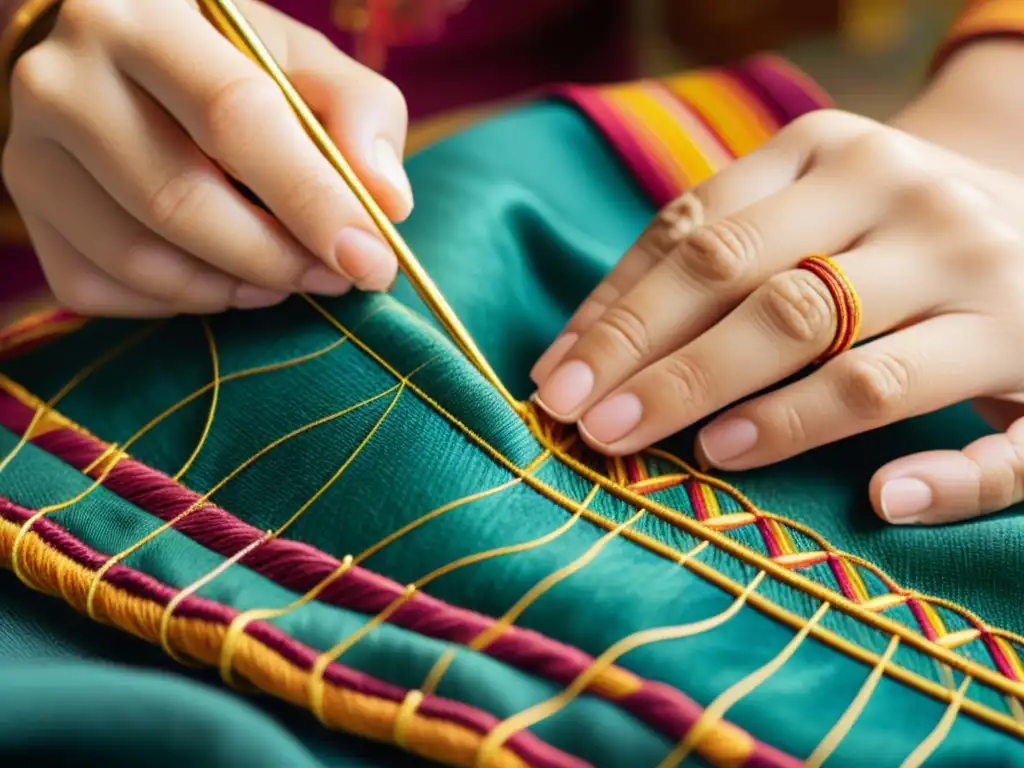 Un artesano bordando con delicadeza una historia en tela con hilos coloridos