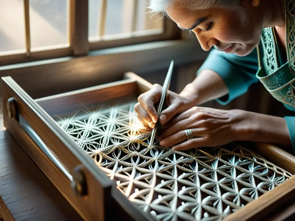 Un artesano hábil teje con delicadeza intrincados patrones de filigrana de plata, iluminado por la suave luz natural en un taller vintage