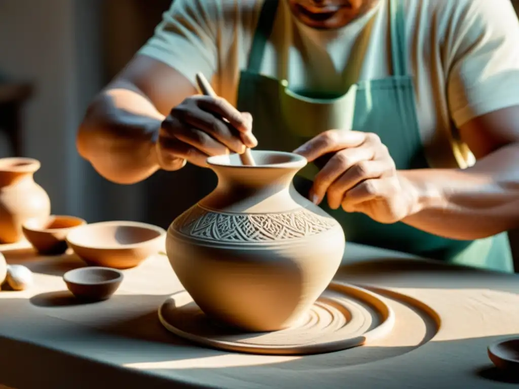 Un artesano modelando con delicadeza un jarrón de cerámica, con luz natural y expresión concentrada, capturando la fusión de arte y ciencia en la creación de cerámica