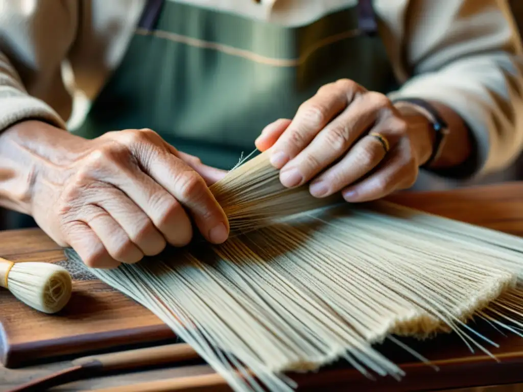 Un artesano teje con delicadeza materiales biodegradables, evocando tradición y sustentabilidad en una imagen vintage de alta resolución