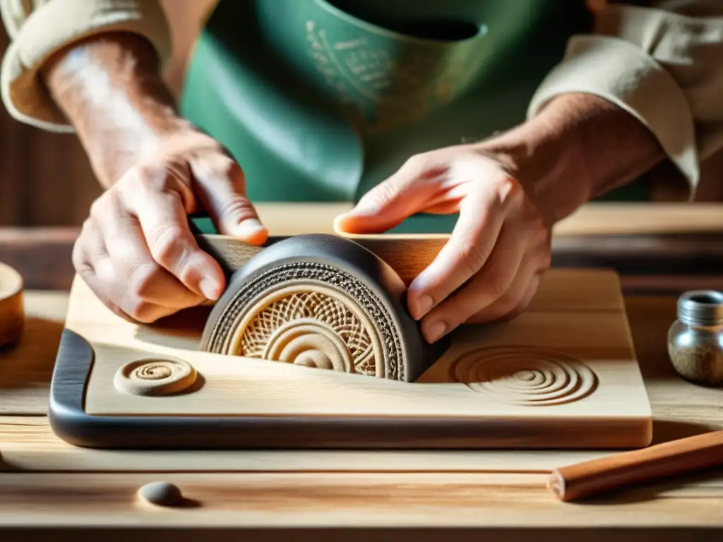 Un artesano coloca con delicadeza un objeto 3D recién impreso en un banco de trabajo de madera