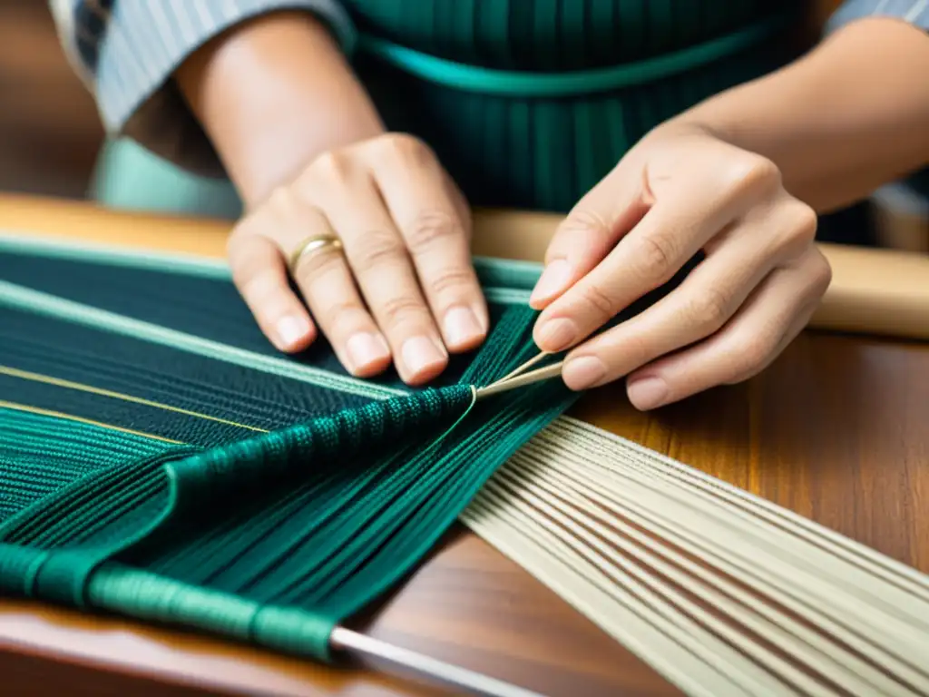 Un artesano teje con delicadeza un patrón usando hilo de grafeno, fusionando tradición y tecnología