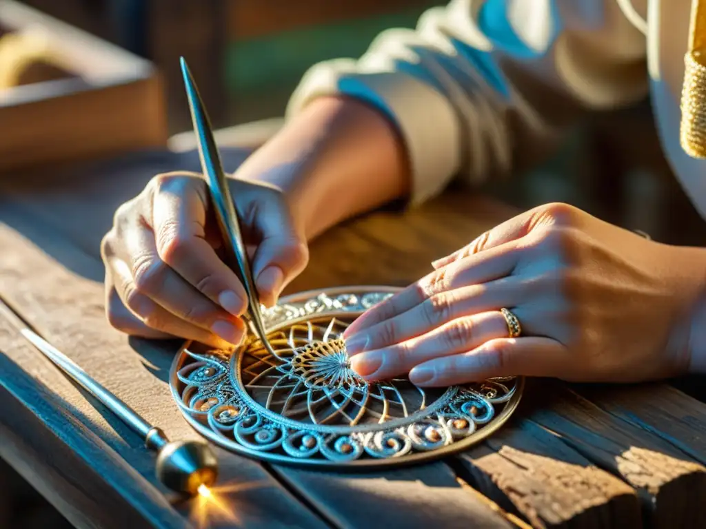 Un artesano de joyería crea un delicado colgante de filigrana de plata en un taller vintage, con herramientas antiguas y la cálida luz del sol